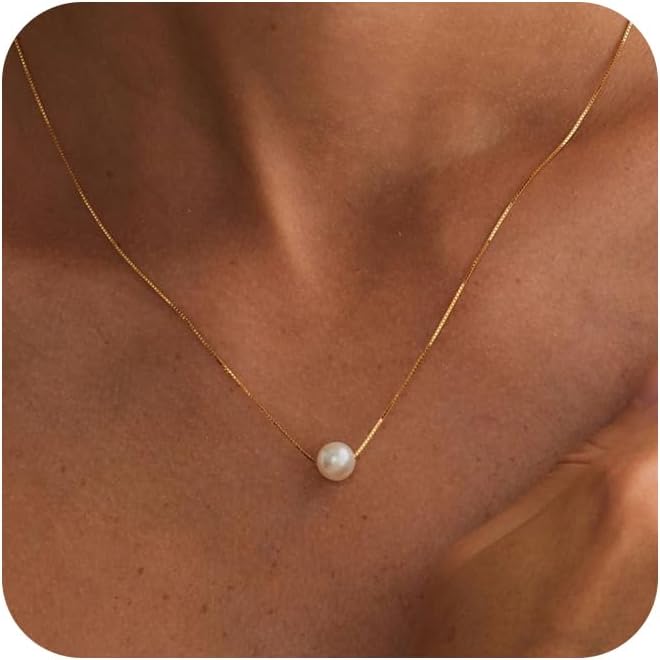 Treasure Bender Pearl Necklaces for Women Trendy, 14k Gold Plated Dainty Necklace Simple Pearl Drop Single Charm Pendant Necklace Birthday Wedding Gifts Gold Jewelry for Women - Image 1